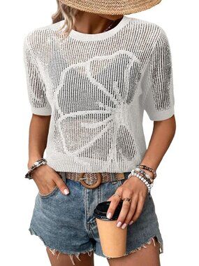 Women White Summer Short Hollow Out Floral Sweaters Beach Vacation Cruise Tops